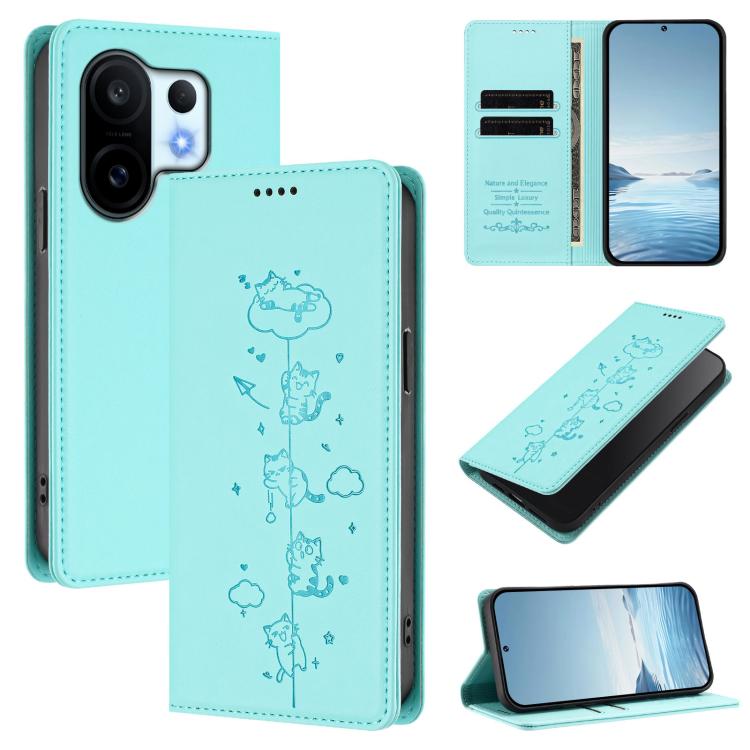 Cute Cats Embossed Magnetic RFID Vegan Leather Phone Case, For vivo X200 FE, For vivo Y29s 5G / Y19 5G India