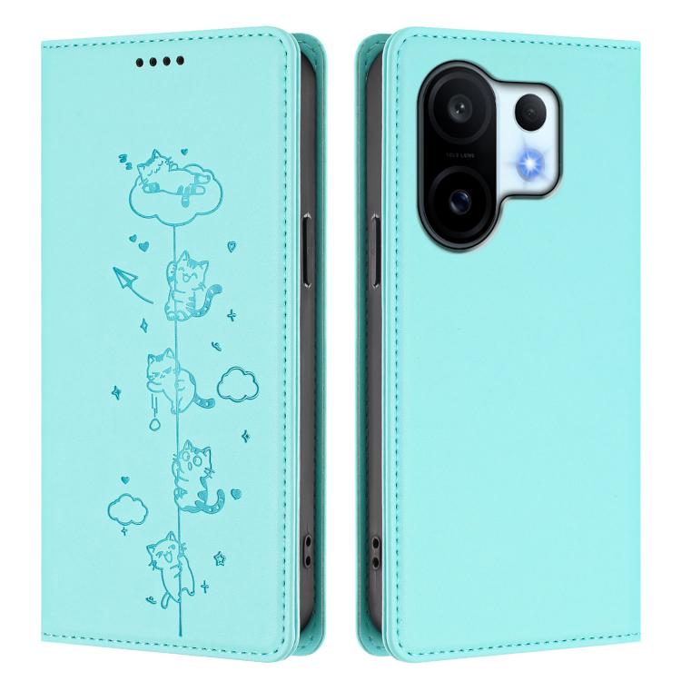 Cute Cats Embossed Magnetic RFID Vegan Leather Phone Case, For vivo X200 FE, For vivo Y29s 5G / Y19 5G India