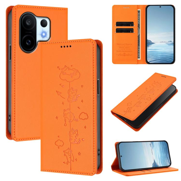 Cute Cats Embossed Magnetic RFID Vegan Leather Phone Case, For vivo X200 FE, For vivo Y29s 5G / Y19 5G India