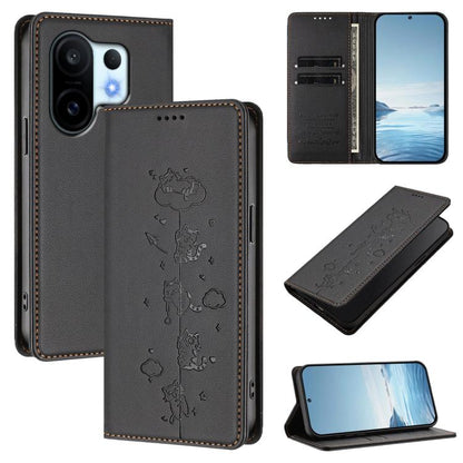 Cute Cats Embossed Magnetic RFID Vegan Leather Phone Case, For vivo X200 FE, For vivo Y29s 5G / Y19 5G India