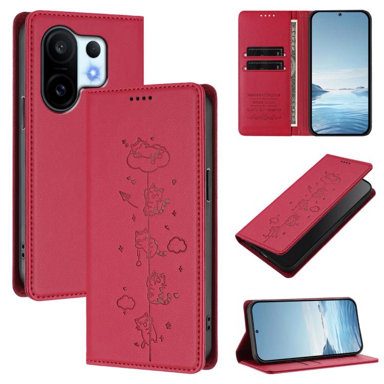 Cute Cats Embossed Magnetic RFID Vegan Leather Phone Case, For vivo X200 FE, For vivo Y29s 5G / Y19 5G India