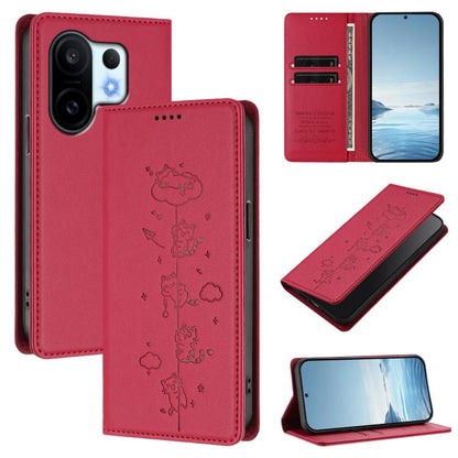 Cute Cats Embossed Magnetic RFID Vegan Leather Phone Case, For vivo X200 FE, For vivo Y29s 5G / Y19 5G India