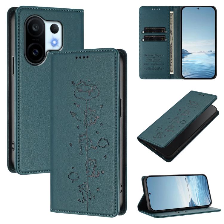 Cute Cats Embossed Magnetic RFID Vegan Leather Phone Case, For vivo X200 FE, For vivo Y29s 5G / Y19 5G India