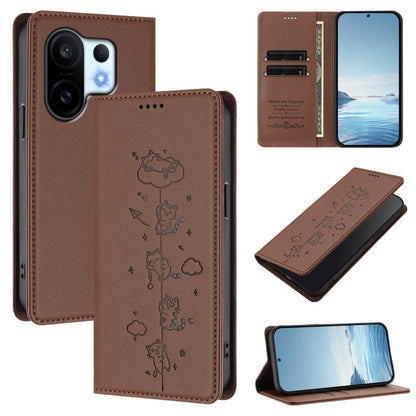 Cute Cats Embossed Magnetic RFID Vegan Leather Phone Case, For vivo X200 FE, For vivo Y29s 5G / Y19 5G India