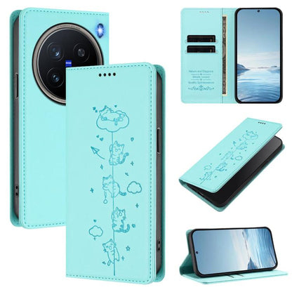 Cute Cats Embossed Magnetic RFID Vegan Leather Phone Case, For vivo X200 Pro 5G, For vivo V40e 5G India / iQOO Z9s 5G
