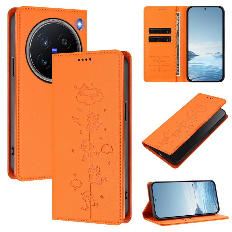 Cute Cats Embossed Magnetic RFID Vegan Leather Phone Case, For vivo X200 Pro 5G, For vivo V40e 5G India / iQOO Z9s 5G