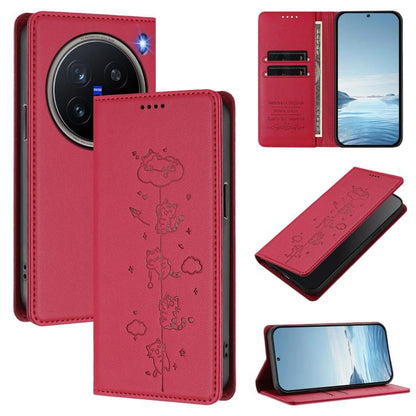 Cute Cats Embossed Magnetic RFID Vegan Leather Phone Case, For vivo X200 Pro 5G, For vivo V40e 5G India / iQOO Z9s 5G