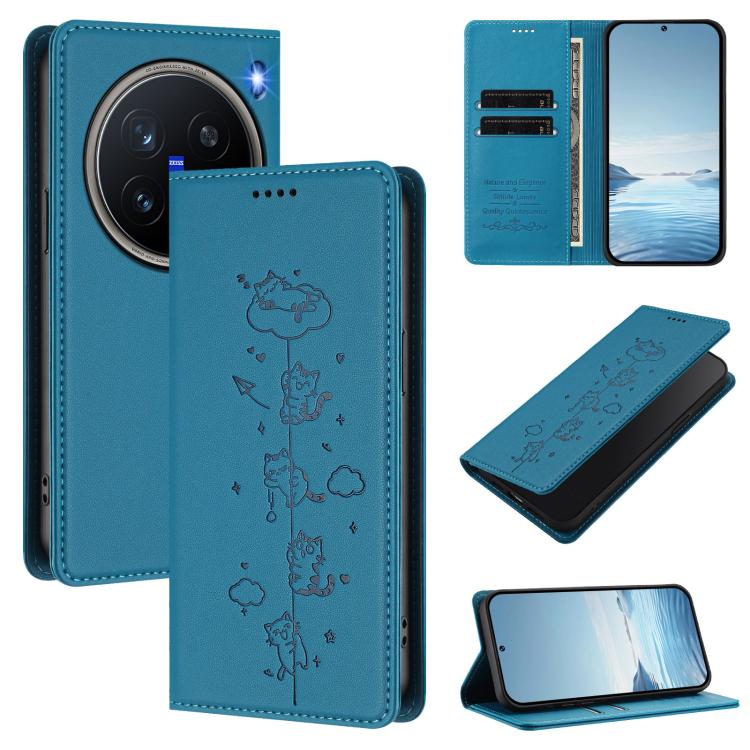 Cute Cats Embossed Magnetic RFID Vegan Leather Phone Case, For vivo X200 Pro 5G, For vivo V40e 5G India / iQOO Z9s 5G