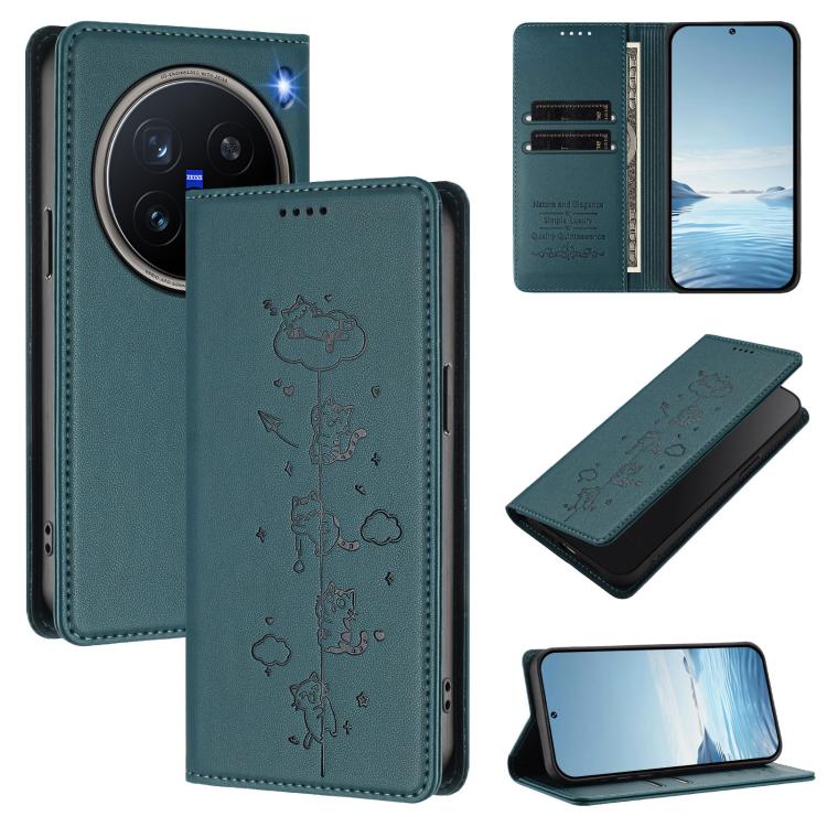 Cute Cats Embossed Magnetic RFID Vegan Leather Phone Case, For vivo X200 Pro 5G, For vivo V40e 5G India / iQOO Z9s 5G