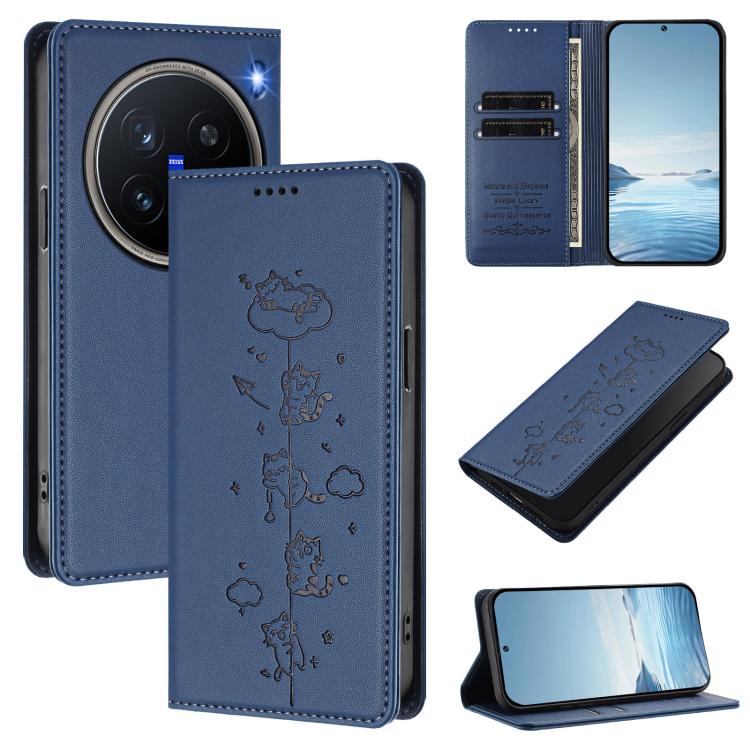 Cute Cats Embossed Magnetic RFID Vegan Leather Phone Case, For vivo X200 Pro 5G, For vivo V40e 5G India / iQOO Z9s 5G