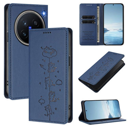 Cute Cats Embossed Magnetic RFID Vegan Leather Phone Case, For vivo X200 Pro 5G, For vivo V40e 5G India / iQOO Z9s 5G