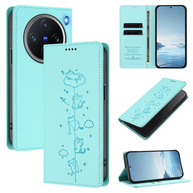 Cute Cats Embossed Magnetic RFID Vegan Leather Phone Case, For vivo X200 5G, For vivo X200 Pro mini