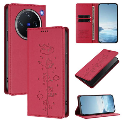Cute Cats Embossed Magnetic RFID Vegan Leather Phone Case, For vivo X200 5G, For vivo X200 Pro mini
