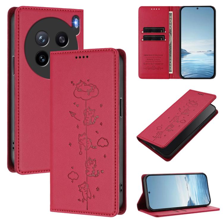 Cute Cats Embossed Magnetic RFID Vegan Leather Phone Case, For vivo X200s 5G, For vivo Y300 Pro+ 5G / T4 5G