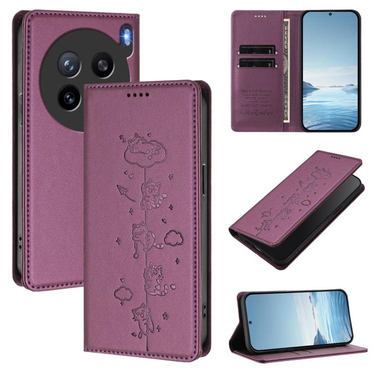 Cute Cats Embossed Magnetic RFID Vegan Leather Phone Case, For vivo X200s 5G, For vivo Y300 Pro+ 5G / T4 5G