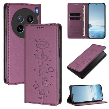 Cute Cats Embossed Magnetic RFID Vegan Leather Phone Case, For vivo X200s 5G, For vivo Y300 Pro+ 5G / T4 5G