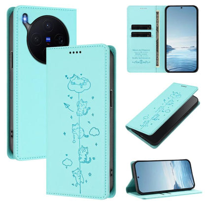 Cute Cats Embossed Magnetic RFID Vegan Leather Phone Case, For vivo X300 Pro, For vivo X300
