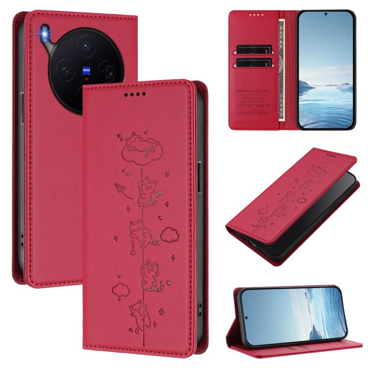 Cute Cats Embossed Magnetic RFID Vegan Leather Phone Case, For vivo X300 Pro, For vivo X300