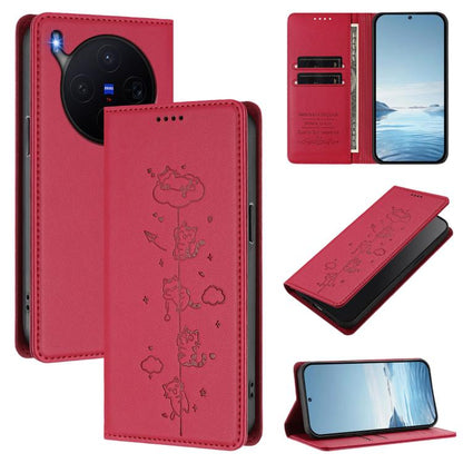 Cute Cats Embossed Magnetic RFID Vegan Leather Phone Case, For vivo X300 Pro, For vivo X300