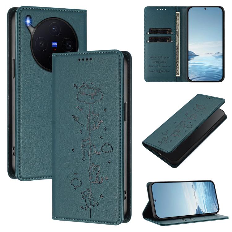 Cute Cats Embossed Magnetic RFID Vegan Leather Phone Case, For vivo X300 Pro, For vivo X300