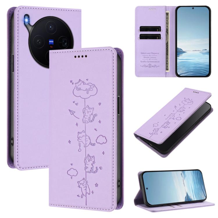 Cute Cats Embossed Magnetic RFID Vegan Leather Phone Case, For vivo X300 Pro, For vivo X300