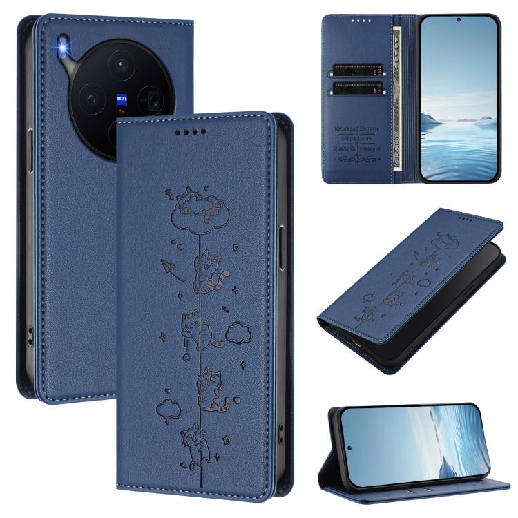 Cute Cats Embossed Magnetic RFID Vegan Leather Phone Case, For vivo X300 Pro, For vivo X300