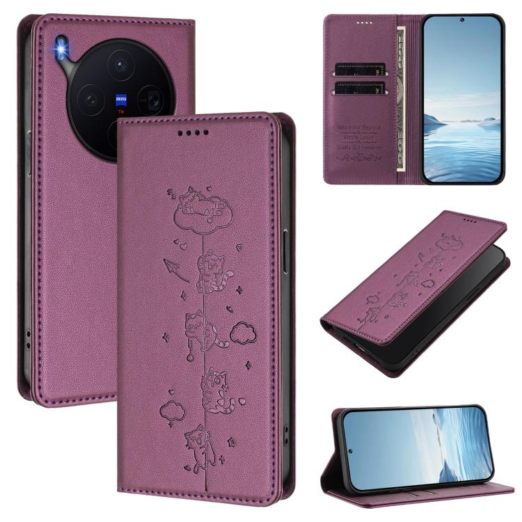 Cute Cats Embossed Magnetic RFID Vegan Leather Phone Case, For vivo X300 Pro, For vivo X300