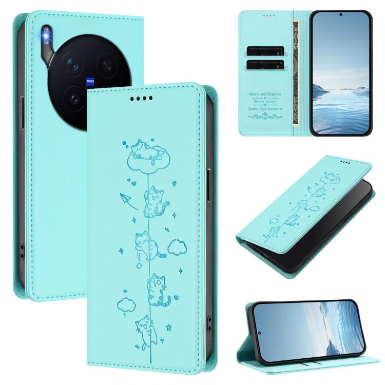 Cute Cats Embossed Magnetic RFID Vegan Leather Phone Case, For vivo X300 Pro, For vivo X300