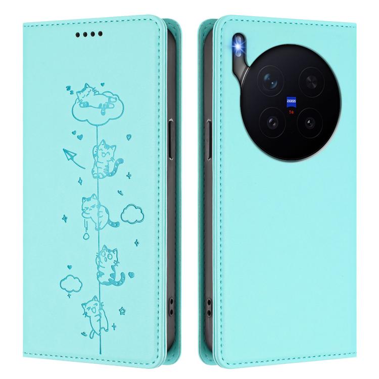 Cute Cats Embossed Magnetic RFID Vegan Leather Phone Case, For vivo X300 Pro, For vivo X300