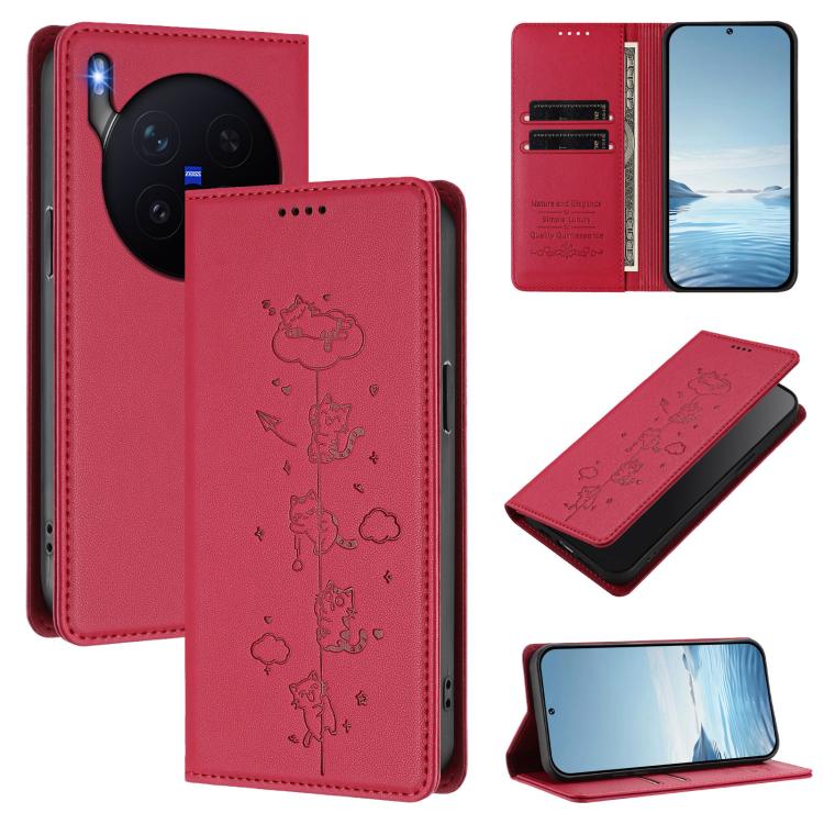 Cute Cats Embossed Magnetic RFID Vegan Leather Phone Case, For vivo X300 Pro, For vivo X300