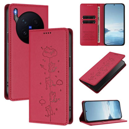 Cute Cats Embossed Magnetic RFID Vegan Leather Phone Case, For vivo X300 Pro, For vivo X300