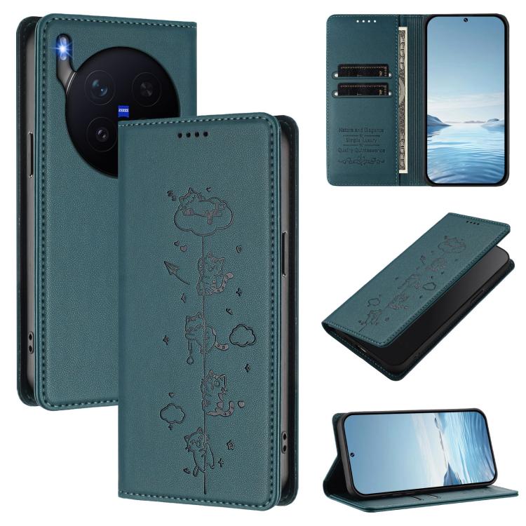 Cute Cats Embossed Magnetic RFID Vegan Leather Phone Case, For vivo X300 Pro, For vivo X300