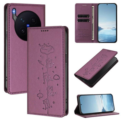Cute Cats Embossed Magnetic RFID Vegan Leather Phone Case, For vivo X300 Pro, For vivo X300