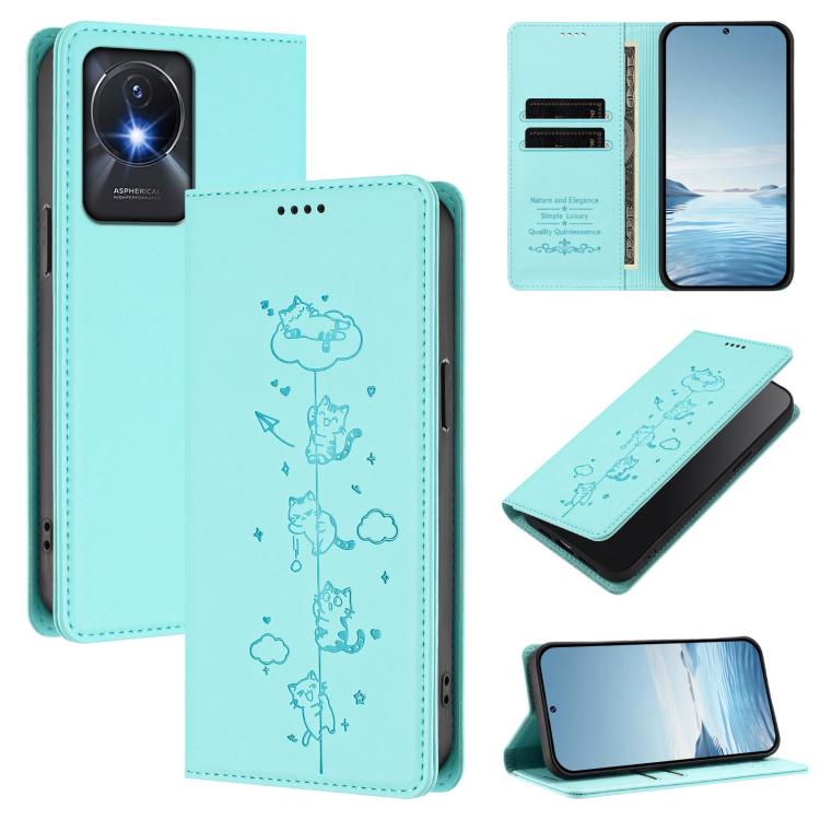 Cute Cats Embossed Magnetic RFID Vegan Leather Phone Case, For vivo Y02A / Y02 4G / Y11, For vivo Y56 5G / Y16 4G / Y02s 4G