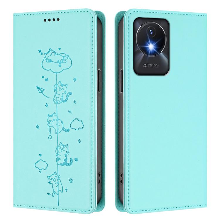 Cute Cats Embossed Magnetic RFID Vegan Leather Phone Case, For vivo Y02A / Y02 4G / Y11, For vivo Y56 5G / Y16 4G / Y02s 4G