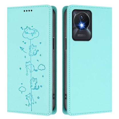 Cute Cats Embossed Magnetic RFID Vegan Leather Phone Case, For vivo Y02A / Y02 4G / Y11, For vivo Y56 5G / Y16 4G / Y02s 4G