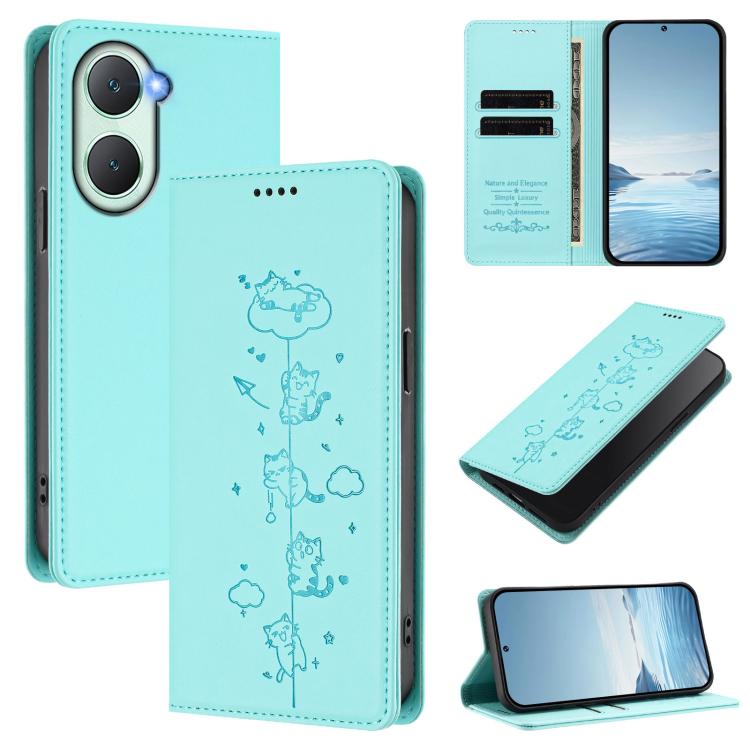 Cute Cats Embossed Magnetic RFID Vegan Leather Phone Case, For vivo Y03 4G / Y18 4G / Y28s 5G, For vivo V40 Lite / V30e 5G