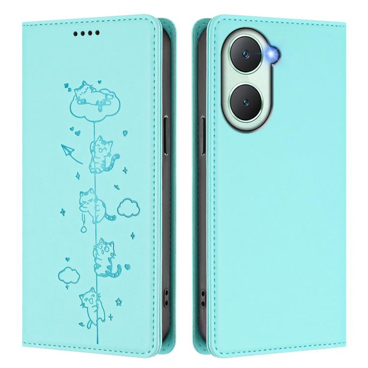 Cute Cats Embossed Magnetic RFID Vegan Leather Phone Case, For vivo Y03 4G / Y18 4G / Y28s 5G, For vivo V40 Lite / V30e 5G