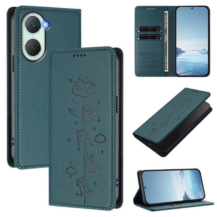 Cute Cats Embossed Magnetic RFID Vegan Leather Phone Case, For vivo Y03 4G / Y18 4G / Y28s 5G, For vivo V40 Lite / V30e 5G