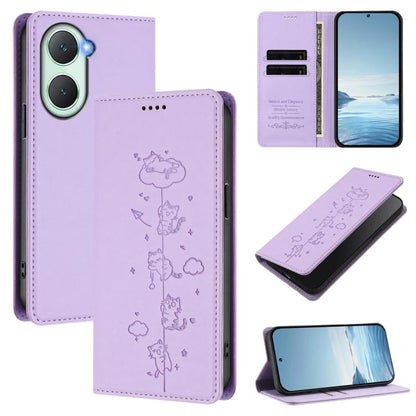 Cute Cats Embossed Magnetic RFID Vegan Leather Phone Case, For vivo Y03 4G / Y18 4G / Y28s 5G, For vivo V40 Lite / V30e 5G