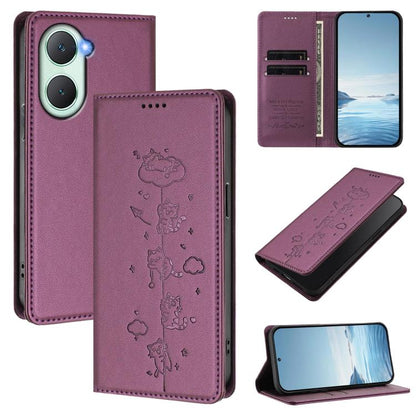 Cute Cats Embossed Magnetic RFID Vegan Leather Phone Case, For vivo Y03 4G / Y18 4G / Y28s 5G, For vivo V40 Lite / V30e 5G