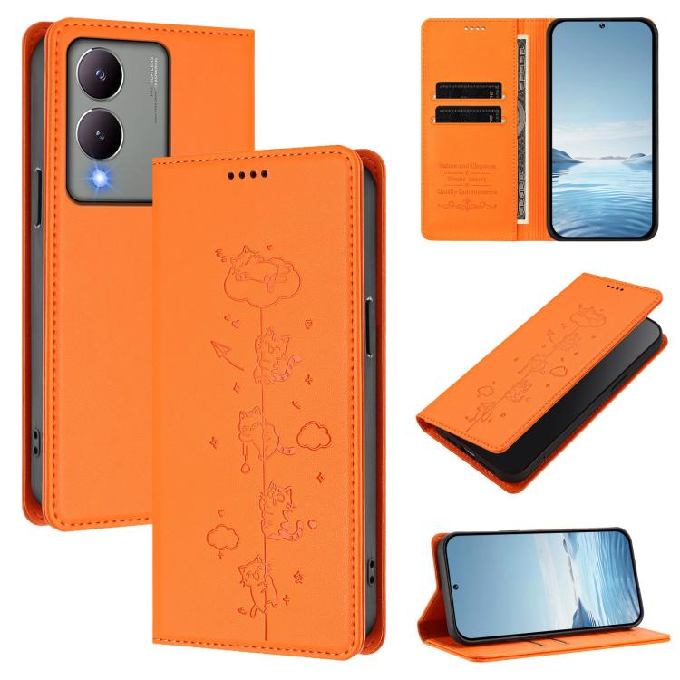 Cute Cats Embossed Magnetic RFID Vegan Leather Phone Case, For vivo S17 / S17 Pro / V29 / V29 Pro 5G, For vivo Y17s 4G