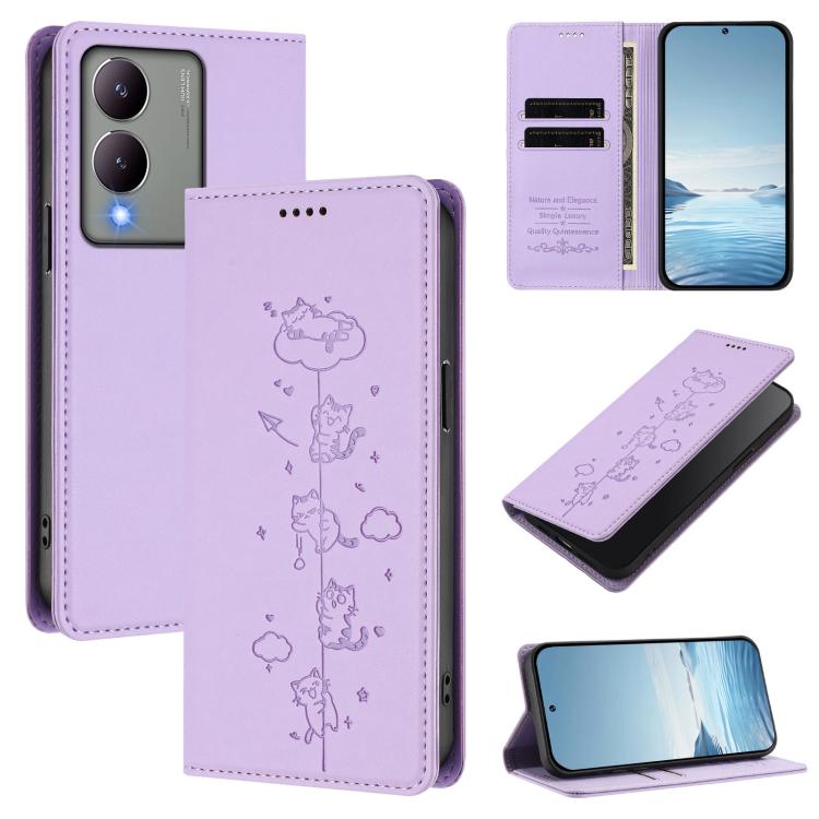 Cute Cats Embossed Magnetic RFID Vegan Leather Phone Case, For vivo S17 / S17 Pro / V29 / V29 Pro 5G, For vivo Y17s 4G