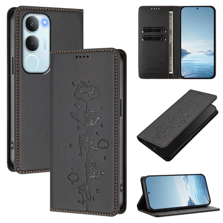 Cute Cats Embossed Magnetic RFID Vegan Leather Phone Case, For vivo Y29 5G India / Y19s 4G, For vivo S20 5G
