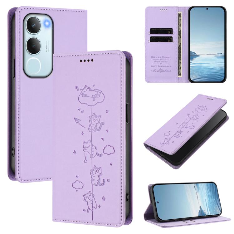 Cute Cats Embossed Magnetic RFID Vegan Leather Phone Case, For vivo Y29 5G India / Y19s 4G, For vivo S20 5G