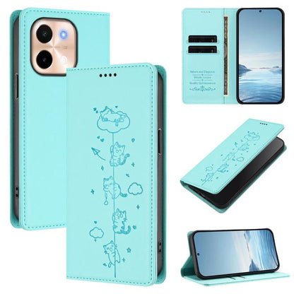 Cute Cats Embossed Magnetic RFID Vegan Leather Phone Case, For vivo S19, For vivo Y28 4G