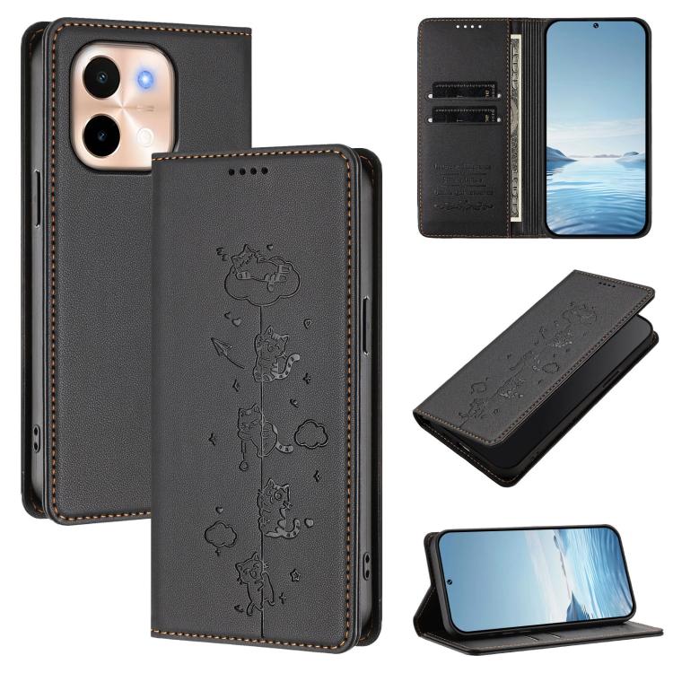 Cute Cats Embossed Magnetic RFID Vegan Leather Phone Case, For vivo S19, For vivo Y28 4G