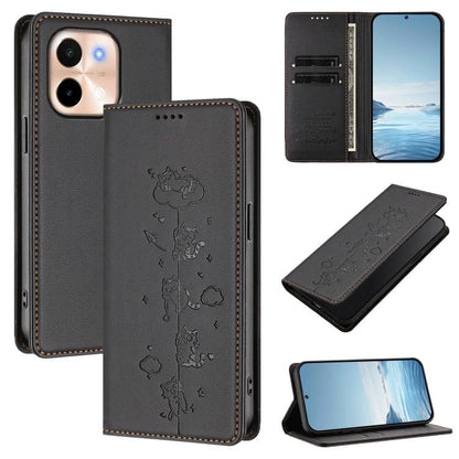 Cute Cats Embossed Magnetic RFID Vegan Leather Phone Case, For vivo S19, For vivo Y28 4G