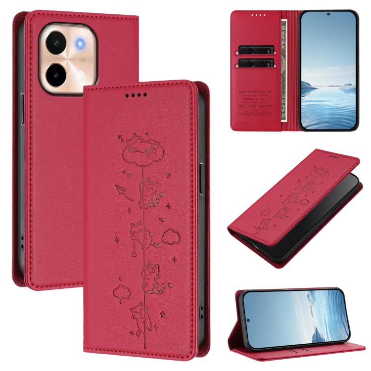 Cute Cats Embossed Magnetic RFID Vegan Leather Phone Case, For vivo S19, For vivo Y28 4G