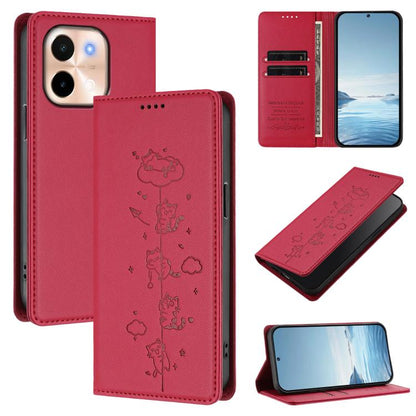 Cute Cats Embossed Magnetic RFID Vegan Leather Phone Case, For vivo S19, For vivo Y28 4G